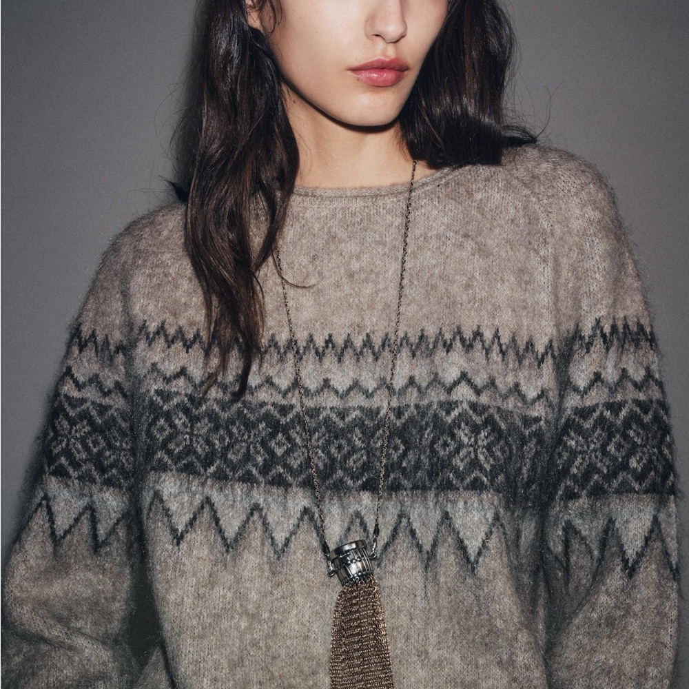 ZARA VIRAL Brushed Effect Jaquard Knit Sweater Sz L NEW Fair Isle Wool Chunky‎